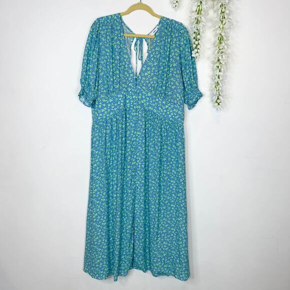 NWT MNG MANGO cottagecore blue green floral maxi dress back cutout prairie 2841